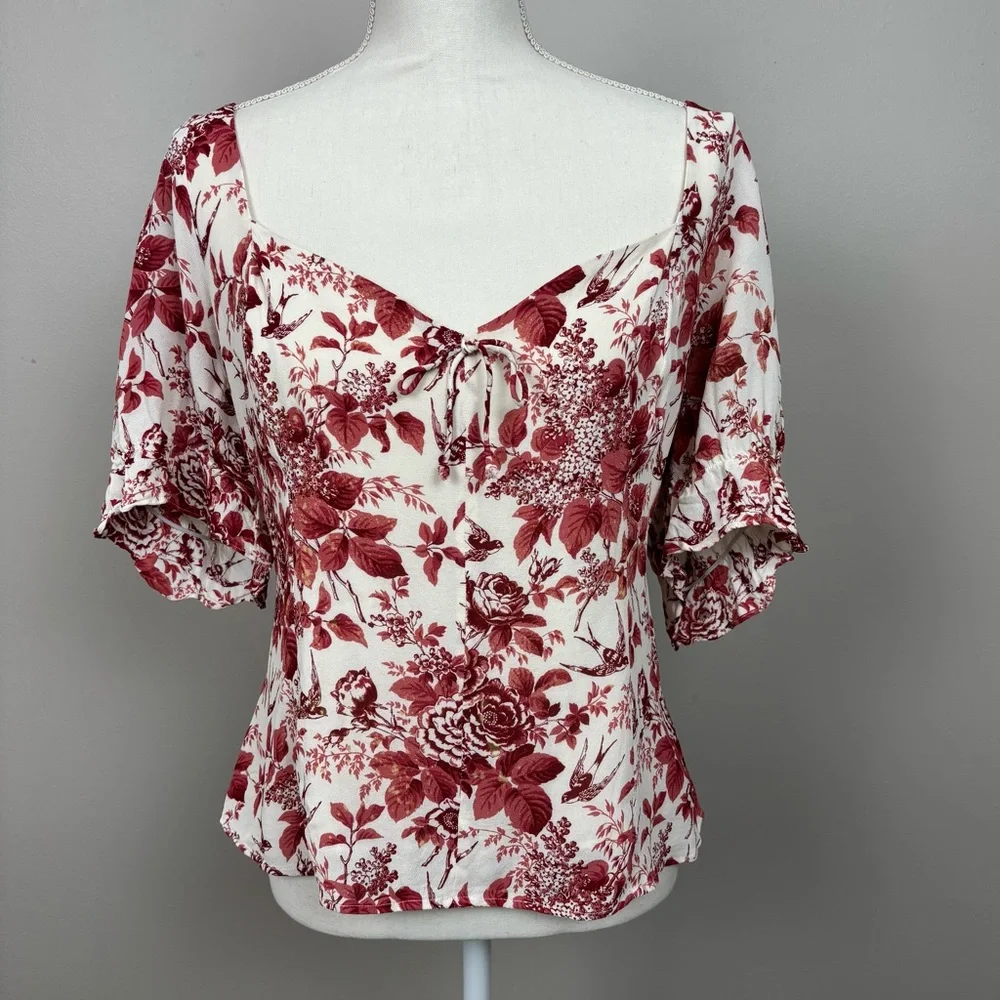 Reformation Top 18 Red Cream Delevan Sweetheart‎ Floral Puff Sleeve Blouse